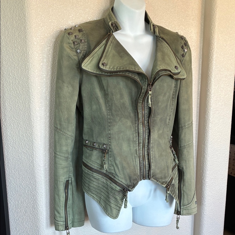 LOOKBOOK STORE Studded ‘Army’ Green Women's Cropped Jacket with Zippers. XL EUC - Picture 4 of 17